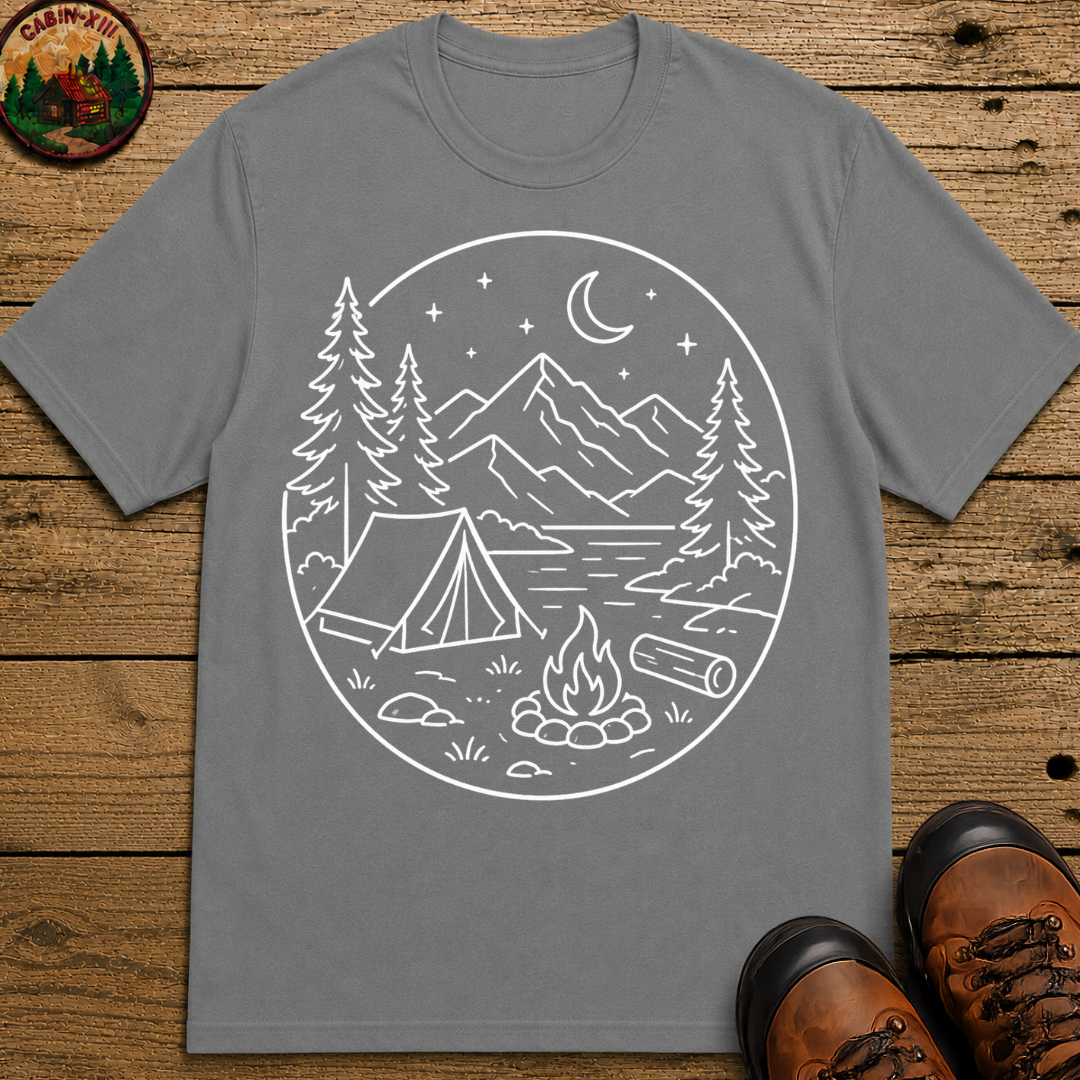 Mountain Campsite Night Scene Shirt — Cream Ink Camping Tee