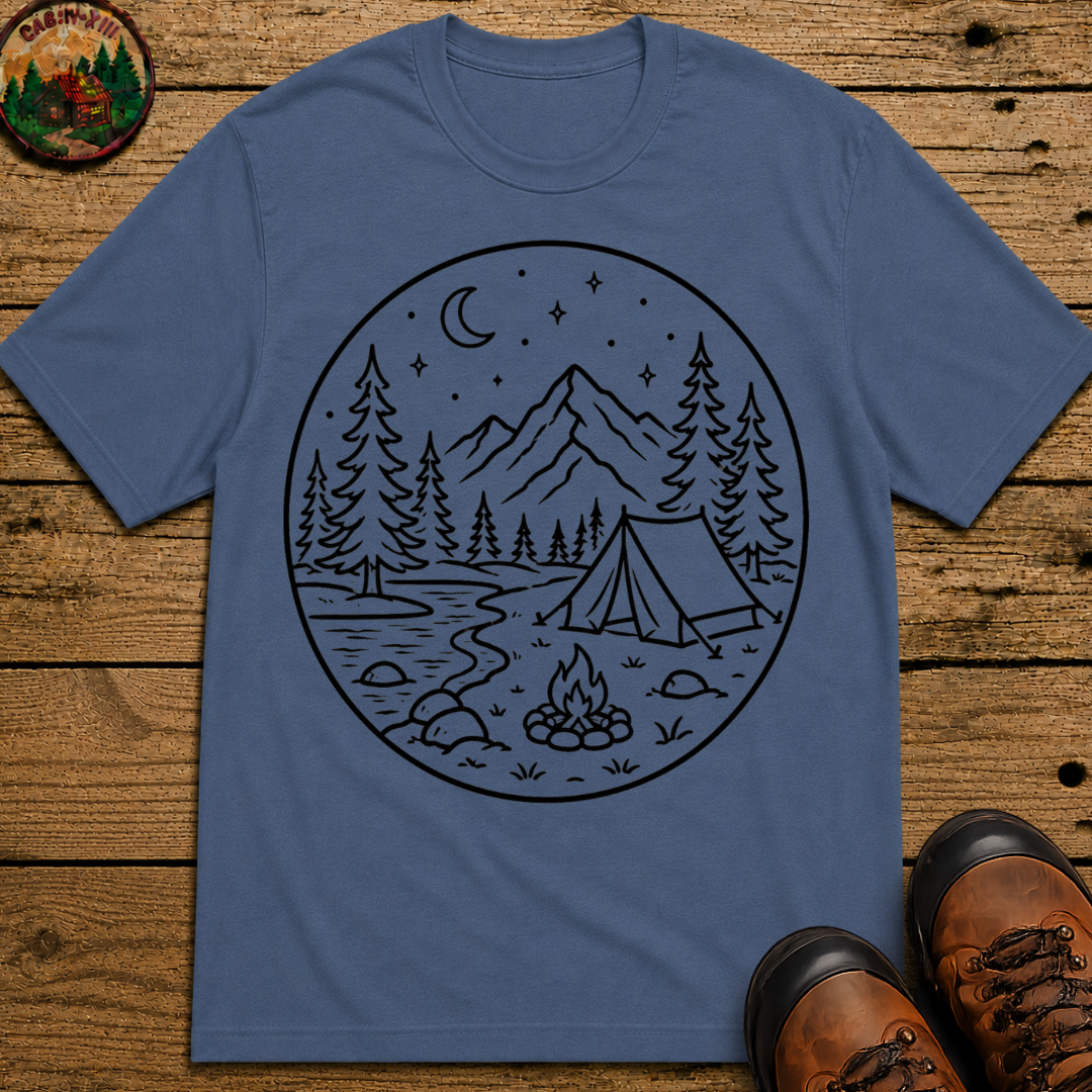 Mountain Campsite Night Scene Tee — Vintage Camping Shirt