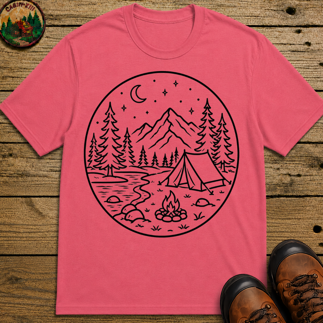 Mountain Campsite Night Scene Tee — Vintage Camping Shirt
