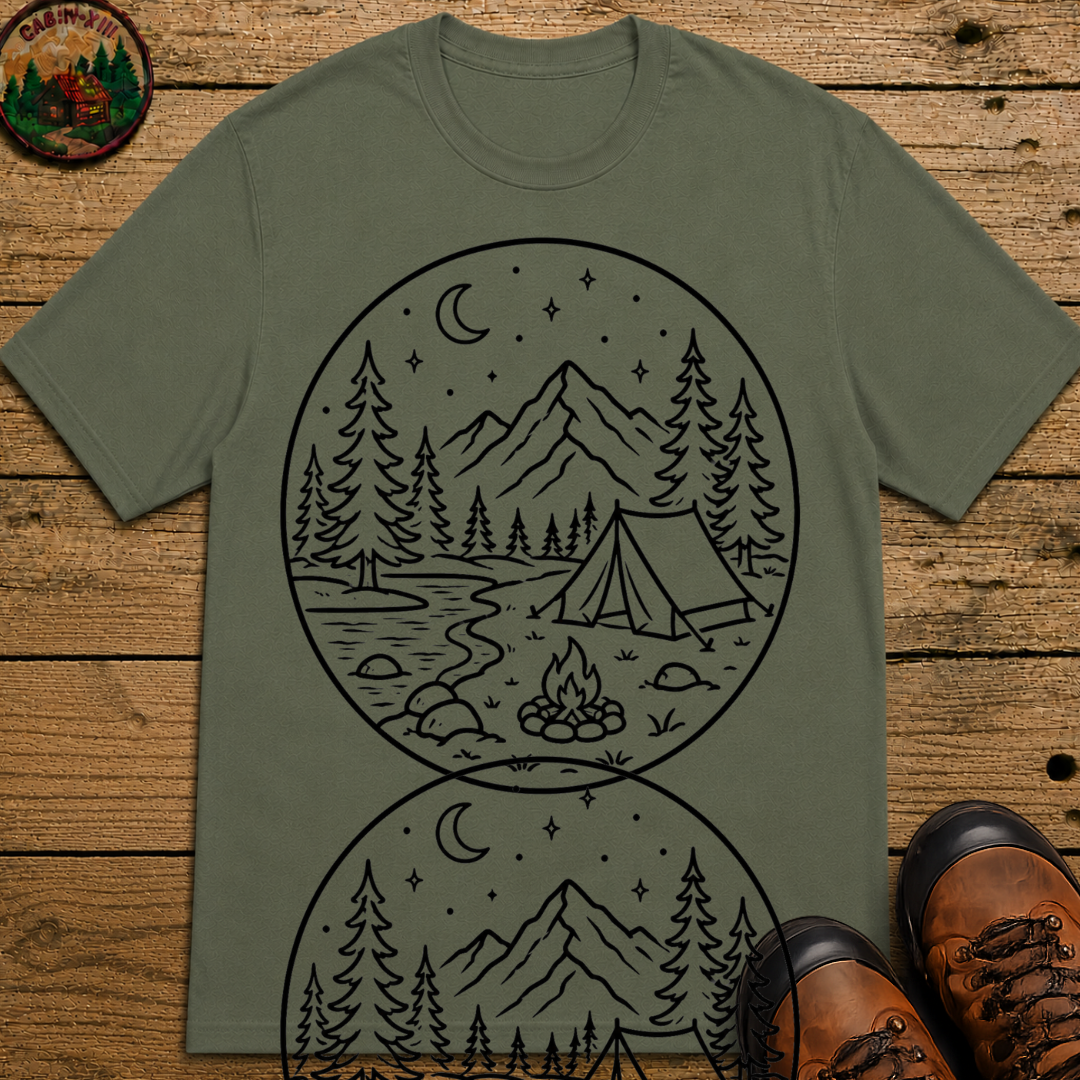 Mountain Campsite Night Scene Tee — Vintage Camping Shirt
