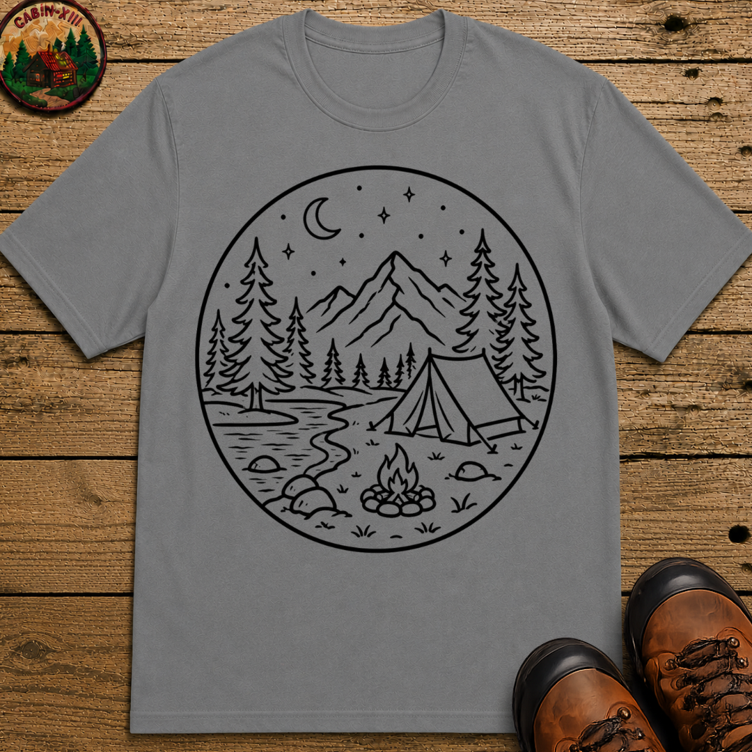 Mountain Campsite Night Scene Tee — Vintage Camping Shirt