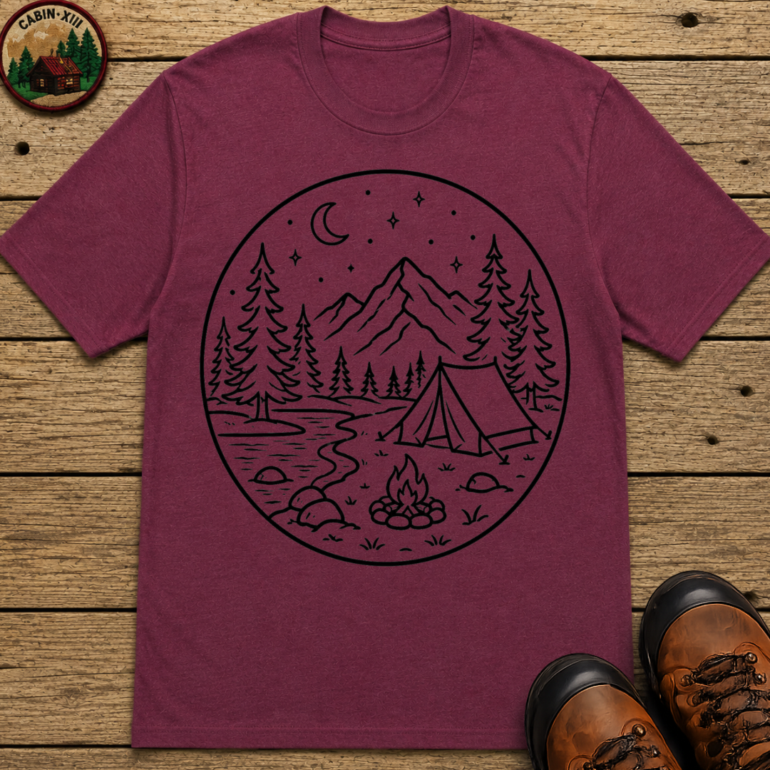 Mountain Campsite Night Scene Tee — Vintage Camping Shirt