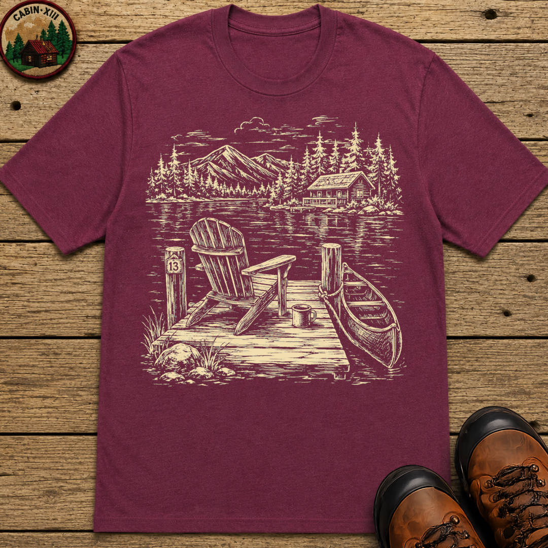 Campsite Sketch — Vintage Mountain Camp Scene Outdoor Tee