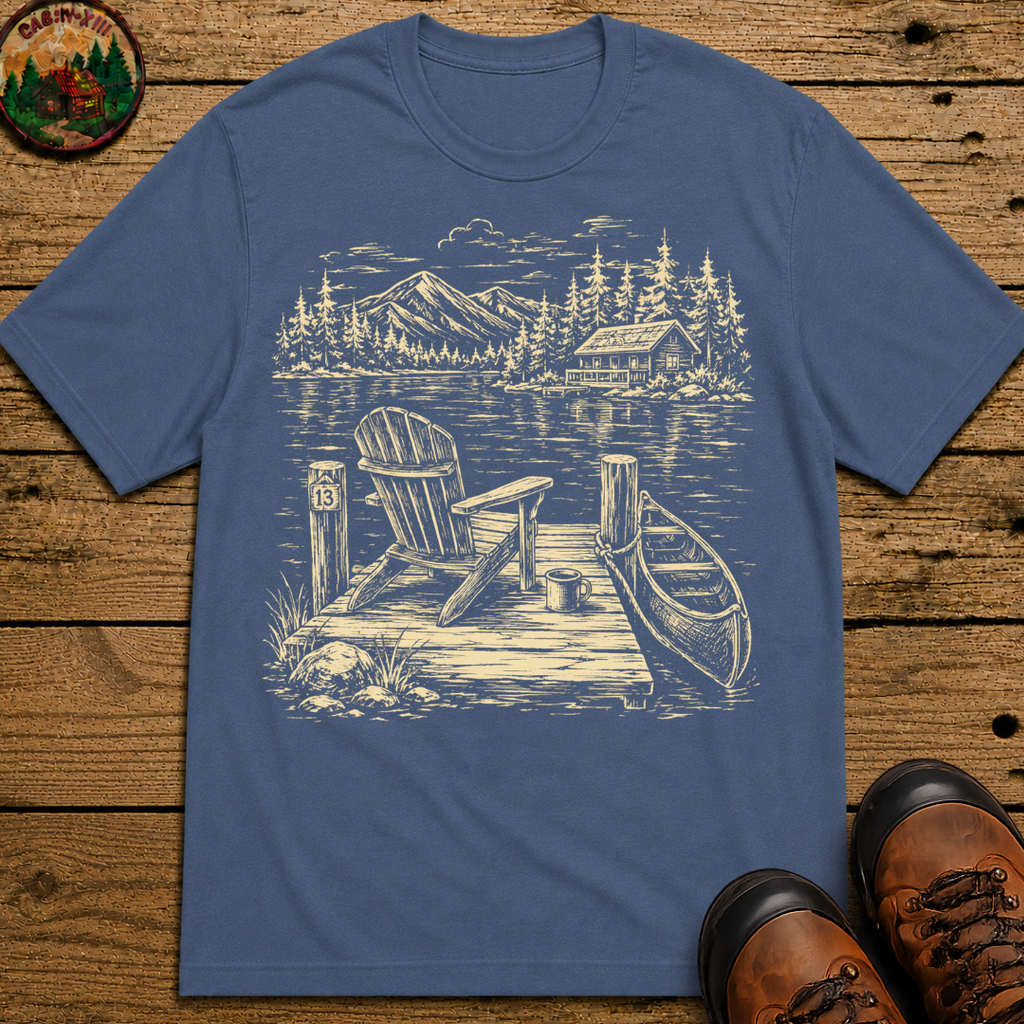 Campsite Sketch — Vintage Mountain Camp Scene Outdoor Tee