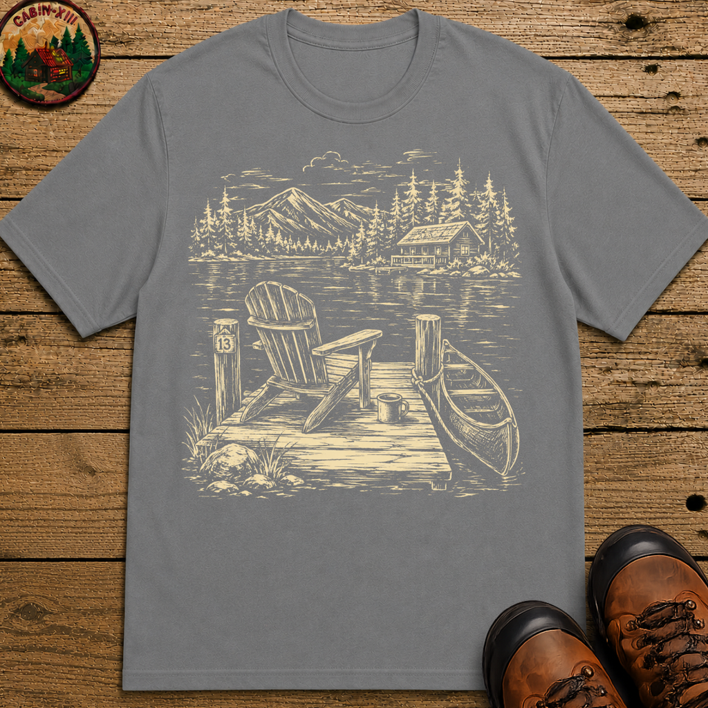Campsite Sketch — Vintage Mountain Camp Scene Outdoor Tee