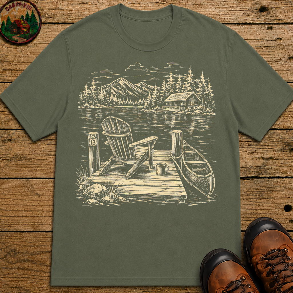 Campsite Sketch — Vintage Mountain Camp Scene Outdoor Tee