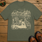 Campsite Sketch — Vintage Mountain Camp Scene Outdoor Tee