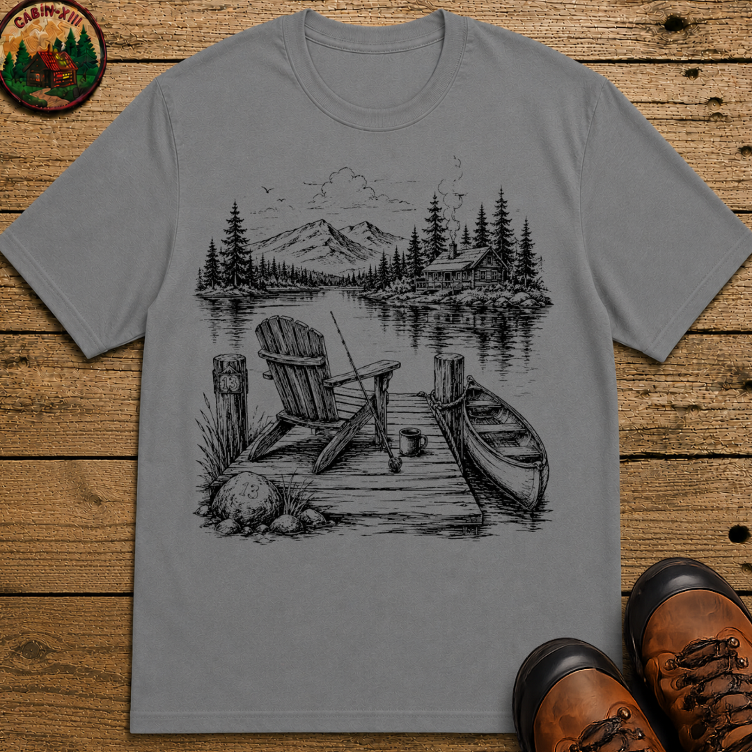 Lakeside Campsite Sketch Tee — Vintage Outdoor Camping Shirt