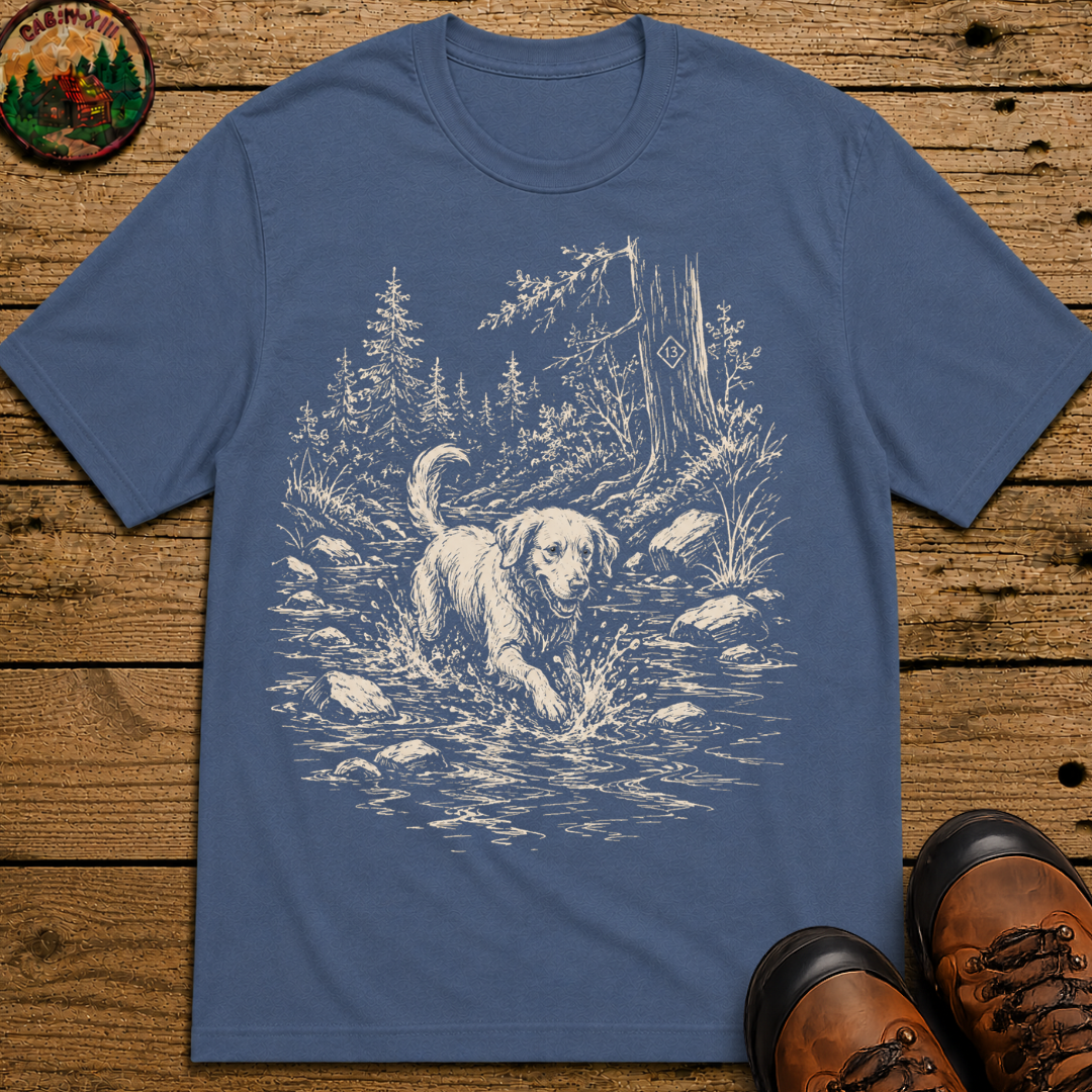 Dog in the Creek Shirt — Vintage Outdoor Dog Sketch Tee