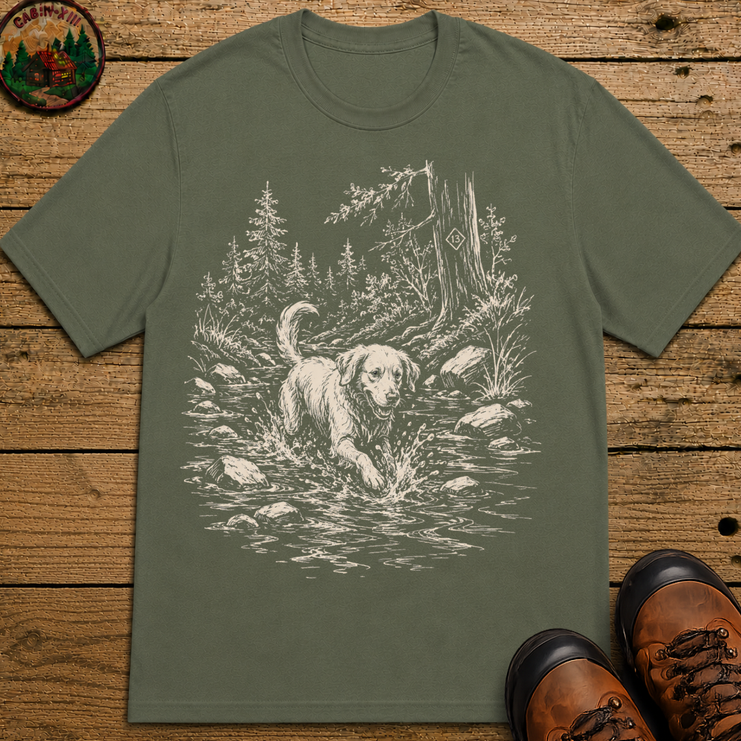 Dog in the Creek Shirt — Vintage Outdoor Dog Sketch Tee