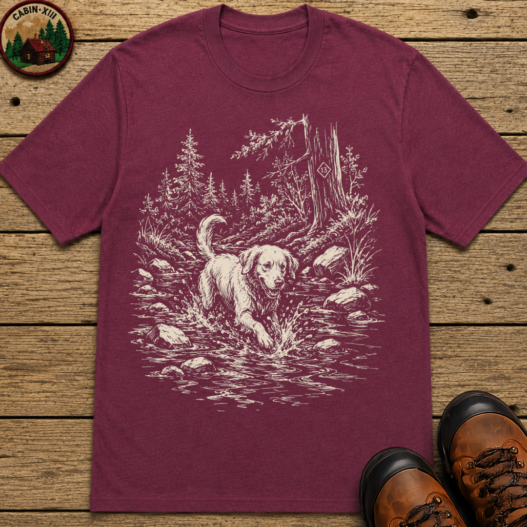 Dog in the Creek Shirt — Vintage Outdoor Dog Sketch Tee