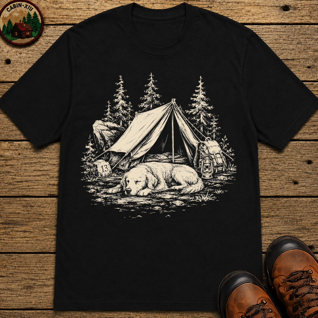 Camping Dog Nap Shirt — Vintage Outdoor Dog Sketch Tee