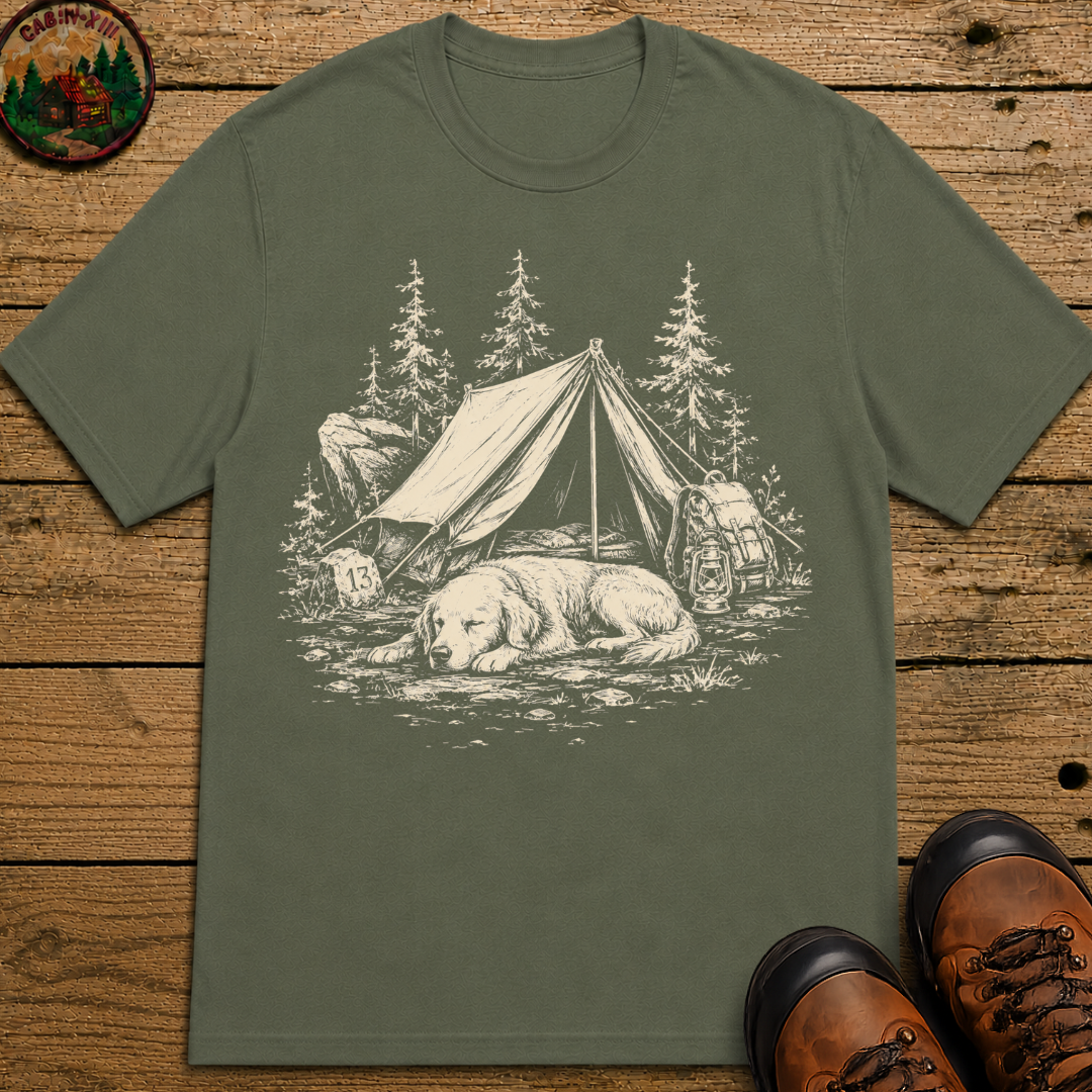 Camping Dog Nap Shirt — Vintage Outdoor Dog Sketch Tee