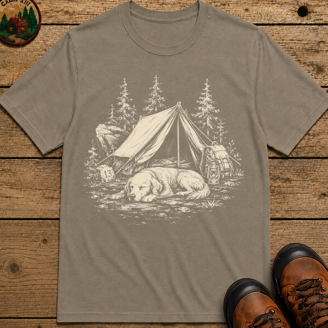Camping Dog Nap Shirt — Vintage Outdoor Dog Sketch Tee