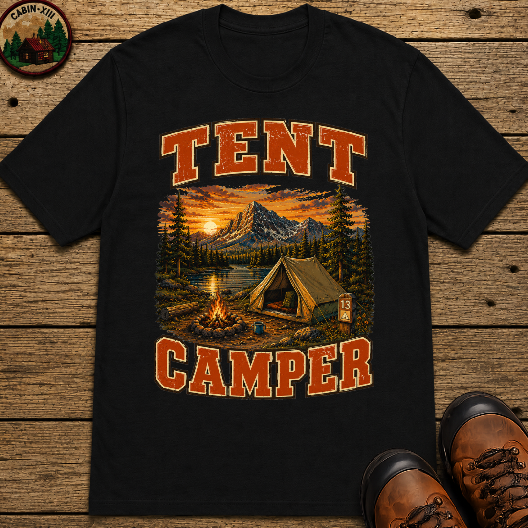 Tent Camper Shirt — Vintage Mountain Lake Camping Tee