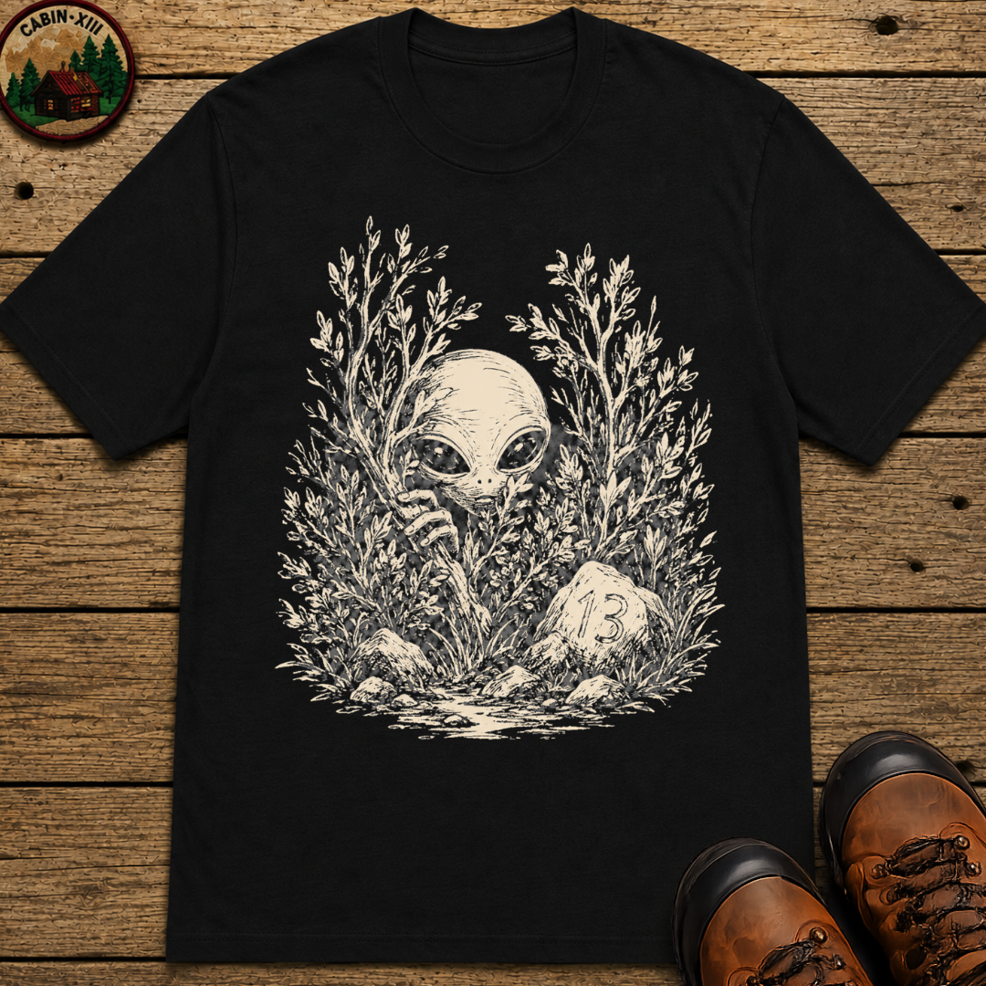 Alien Hiding in the Bushes Shirt — Funny Outdoor UFO Sketch Tee