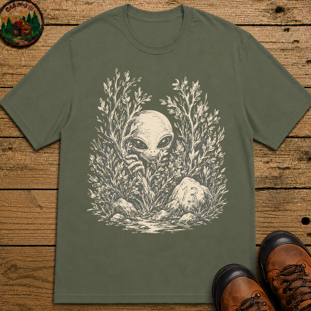 Alien Hiding in the Bushes Shirt — Funny Outdoor UFO Sketch Tee