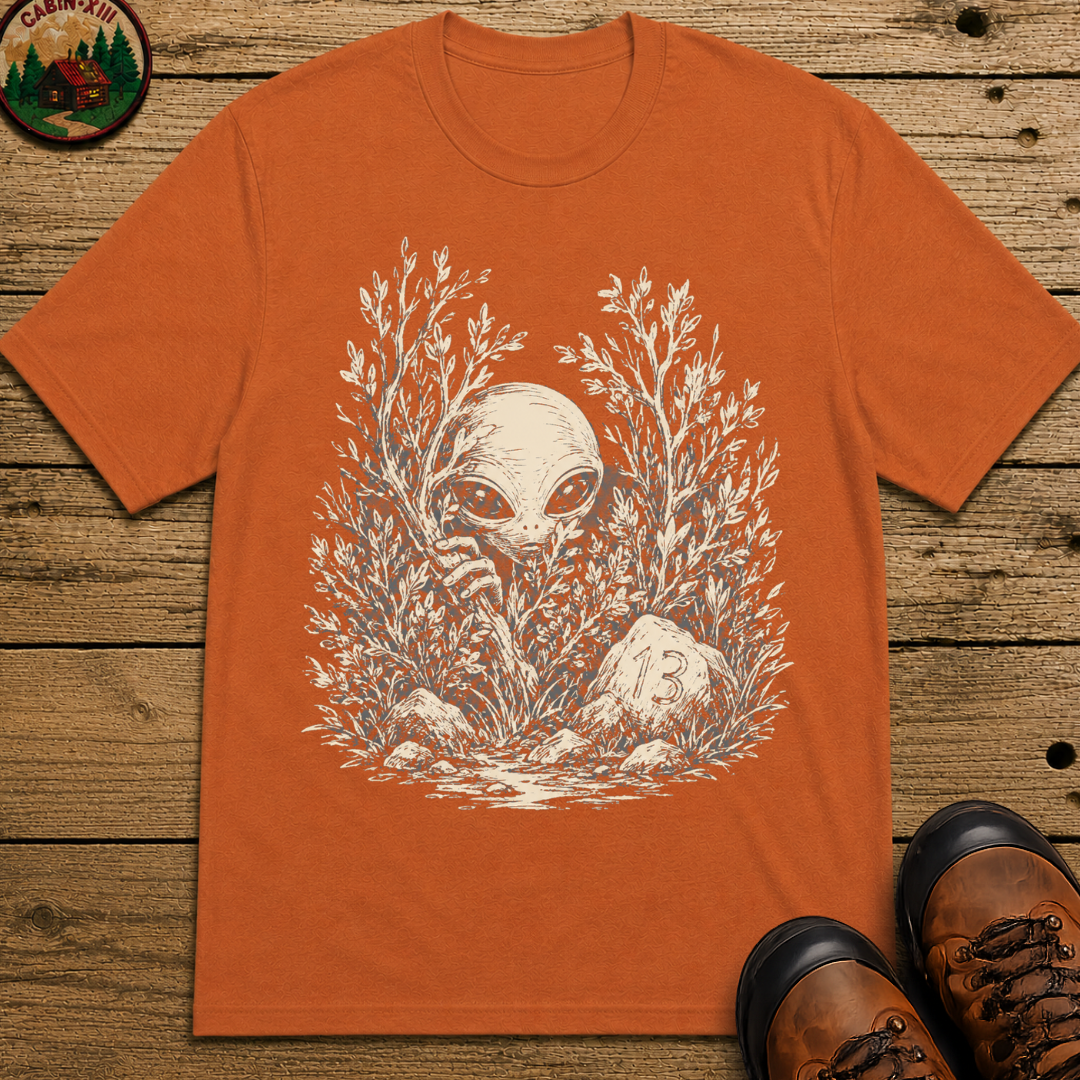 Alien Hiding in the Bushes Shirt — Funny Outdoor UFO Sketch Tee