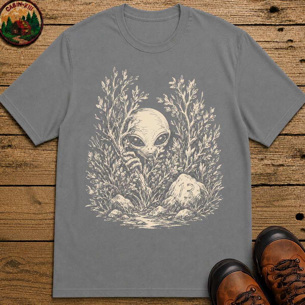 Alien Hiding in the Bushes Shirt — Funny Outdoor UFO Sketch Tee