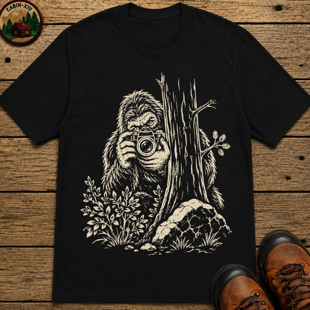 Bigfoot with Camera Shirt — Funny Sasquatch Outdoor Sketch Tee