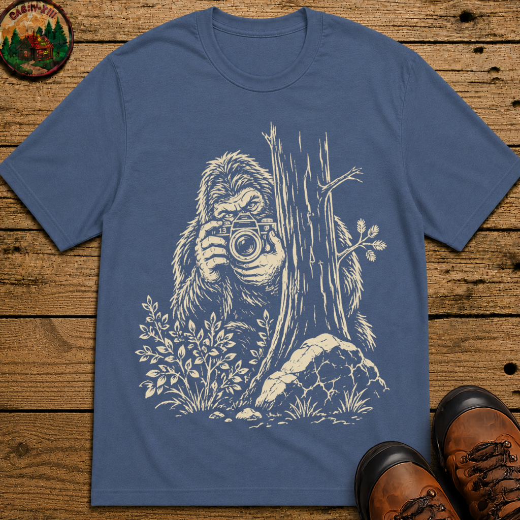 Bigfoot with Camera Shirt — Funny Sasquatch Outdoor Sketch Tee