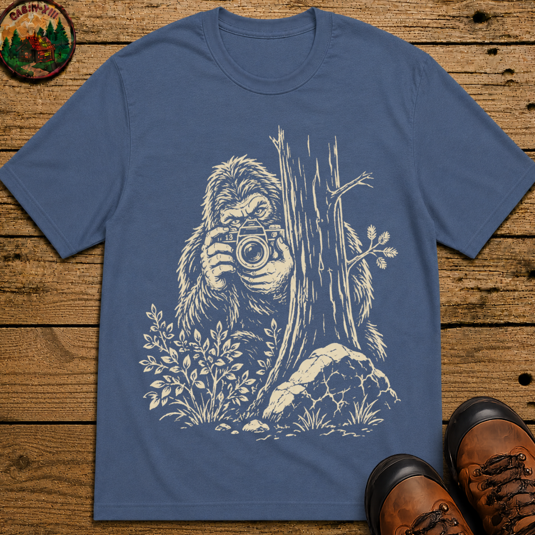 Bigfoot with Camera Shirt — Funny Sasquatch Outdoor Sketch Tee
