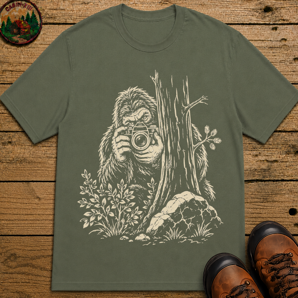 Bigfoot with Camera Shirt — Funny Sasquatch Outdoor Sketch Tee