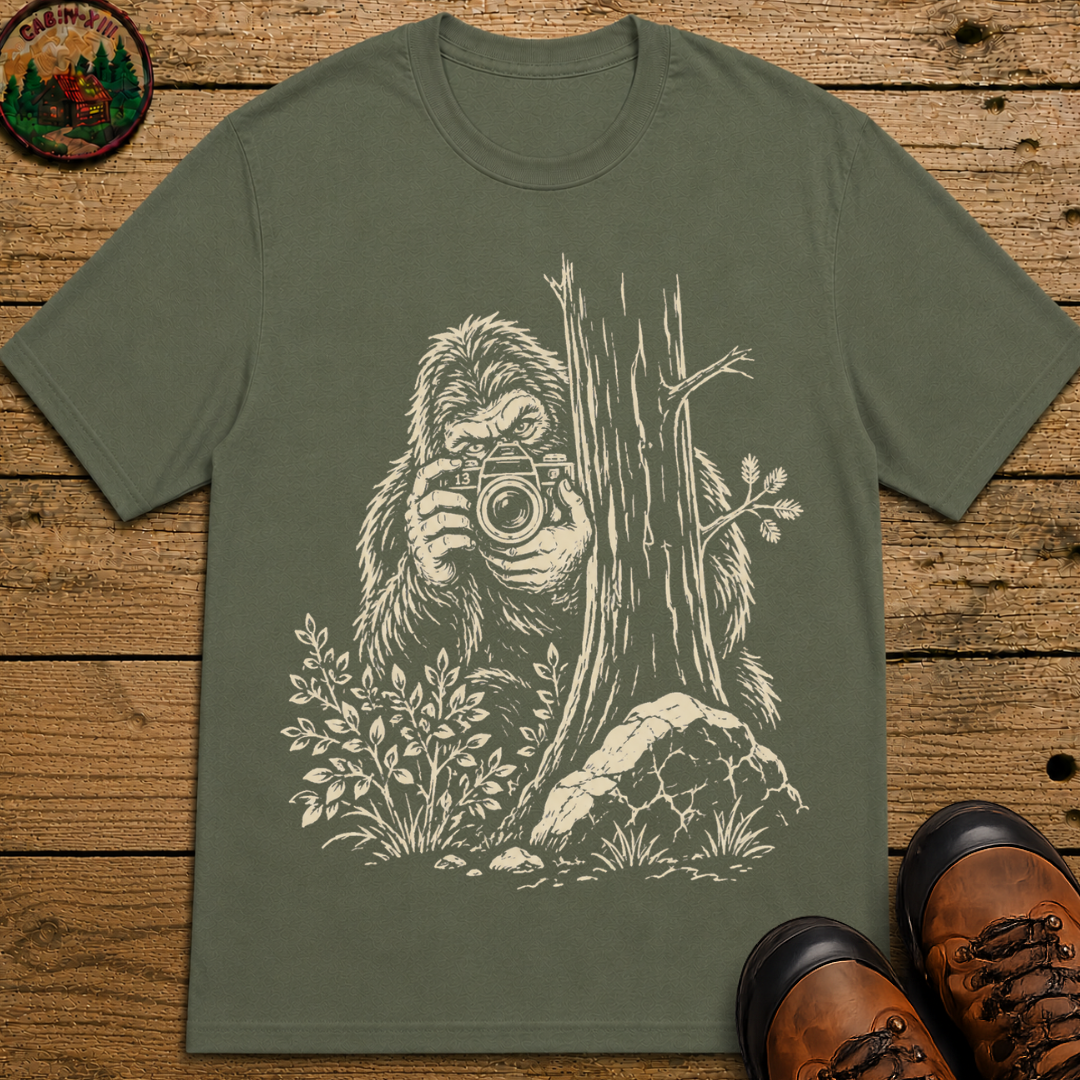 Bigfoot with Camera Shirt — Funny Sasquatch Outdoor Sketch Tee