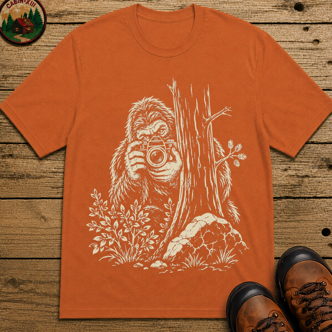 Bigfoot with Camera Shirt — Funny Sasquatch Outdoor Sketch Tee