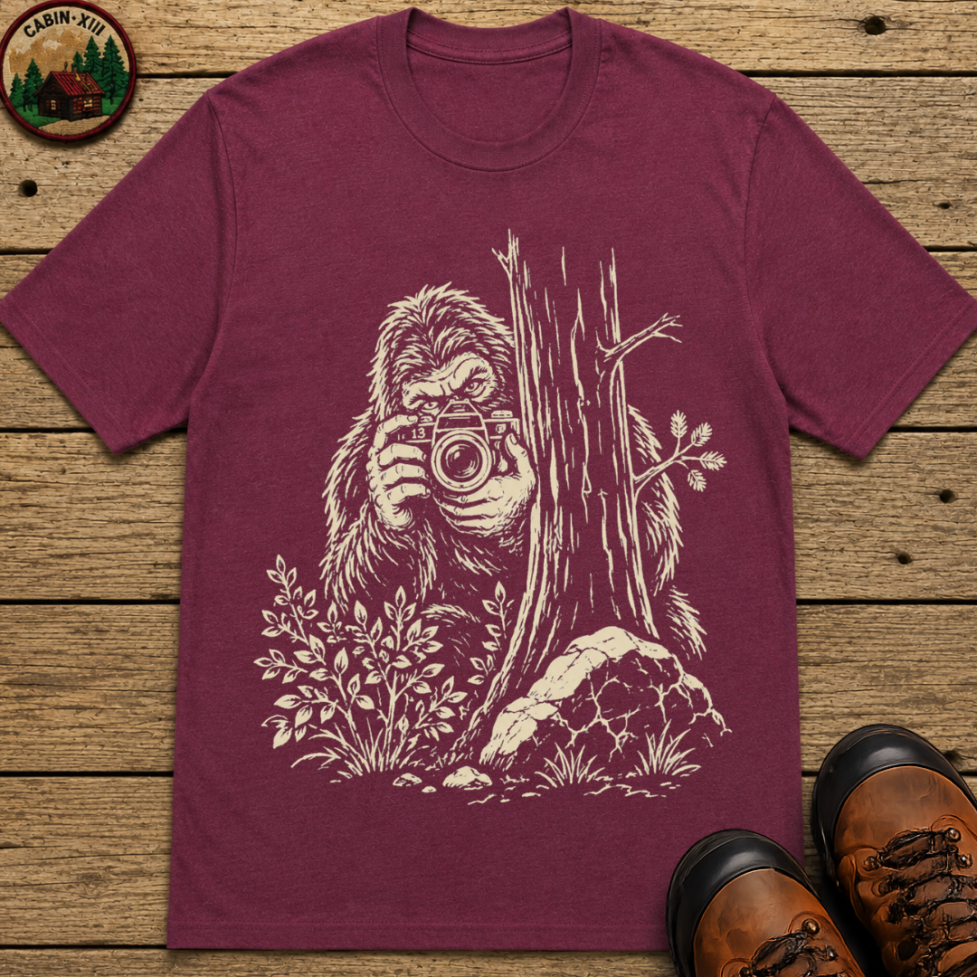 Bigfoot with Camera Shirt — Funny Sasquatch Outdoor Sketch Tee