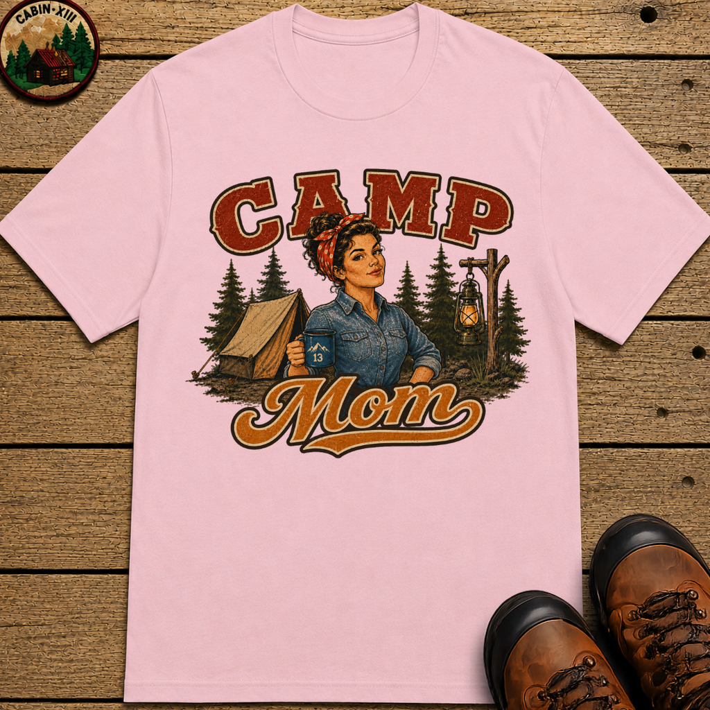 Camp Mom Vintage Camping Shirt — Retro Outdoor Mom Portrait Tee
