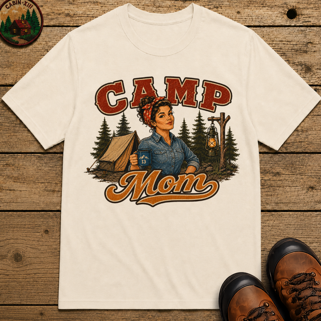 Camp Mom Vintage Camping Shirt — Retro Outdoor Mom Portrait Tee