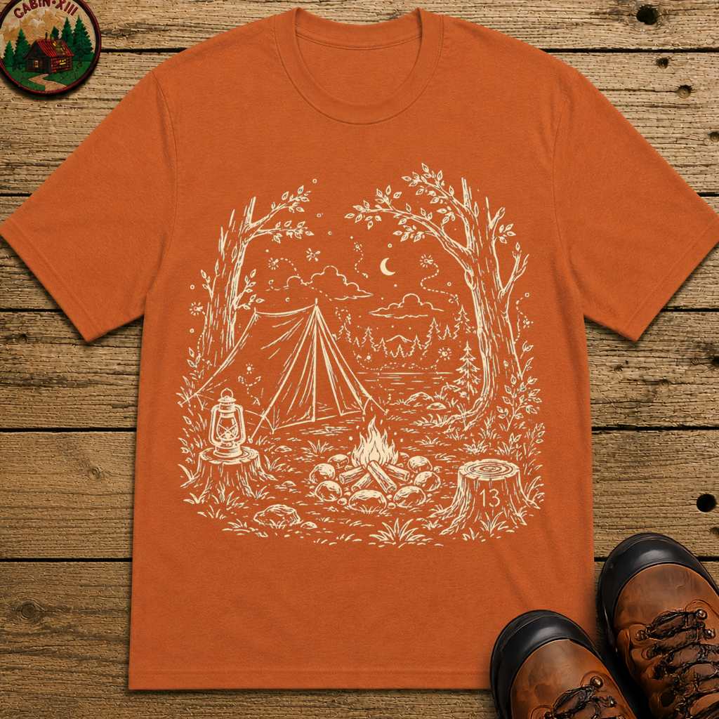 Firefly Campsite Night Shirt — Vintage Outdoor Sketch Camping Tee