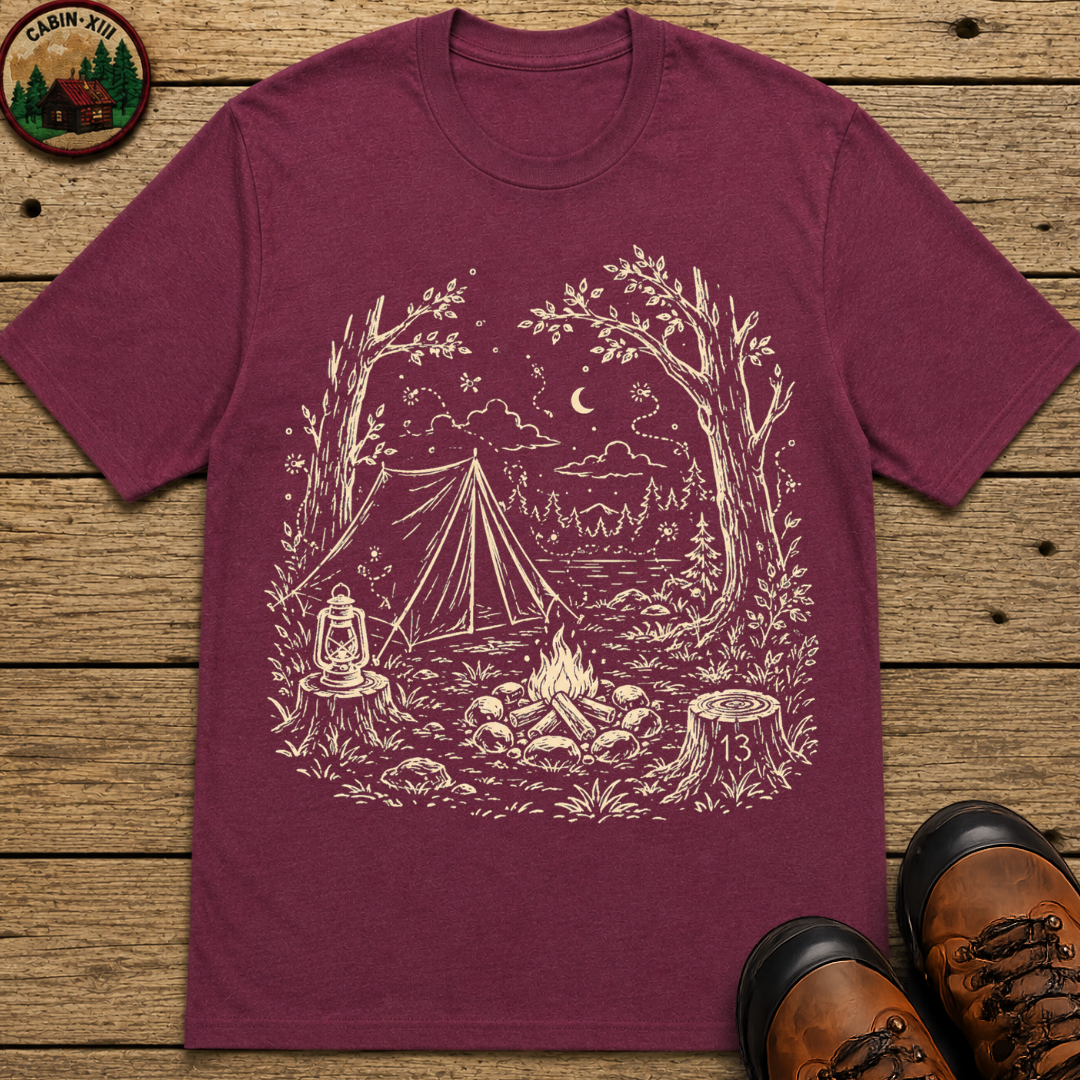 Firefly Campsite Night Shirt — Vintage Outdoor Sketch Camping Tee