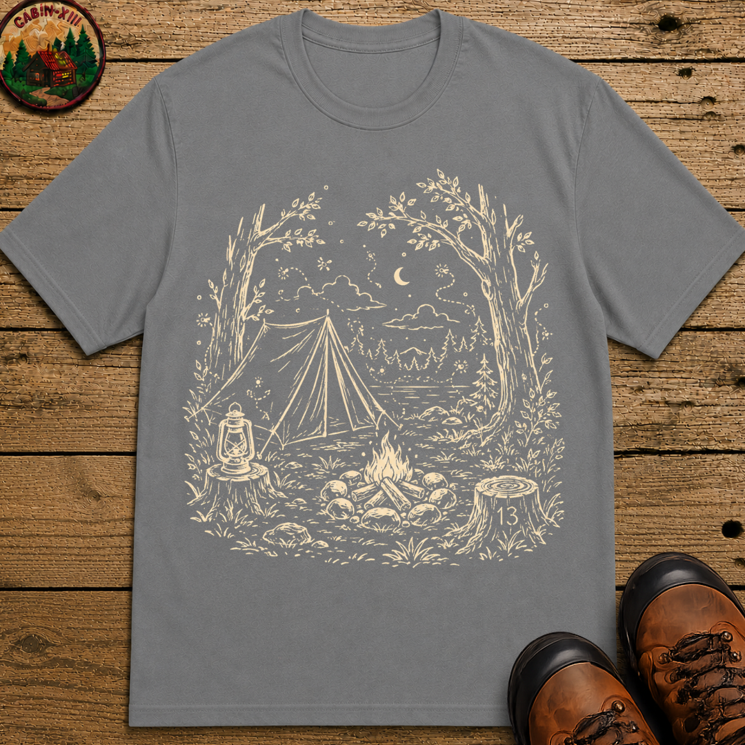 Firefly Campsite Night Shirt — Vintage Outdoor Sketch Camping Tee