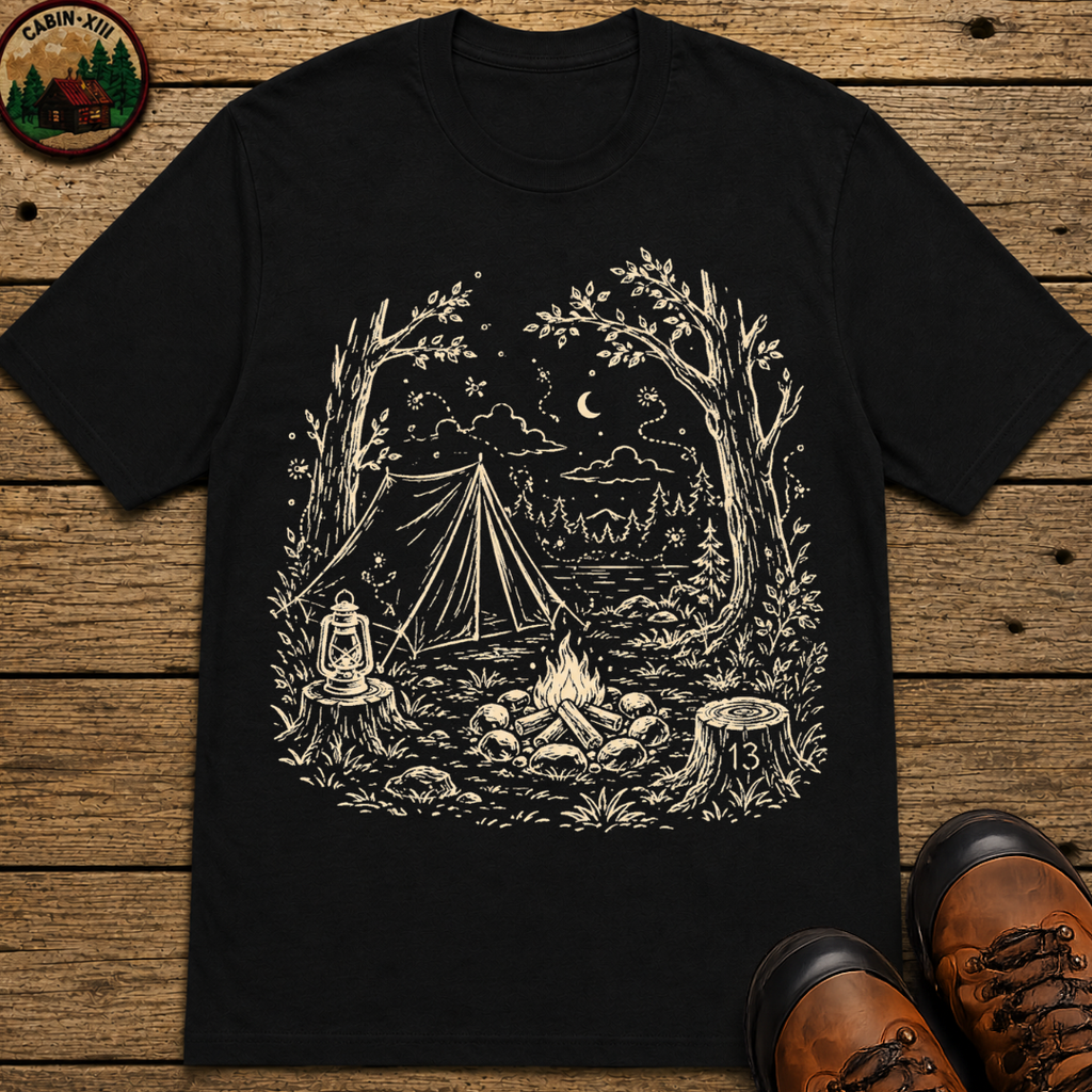 Firefly Campsite Night Shirt — Vintage Outdoor Sketch Camping Tee