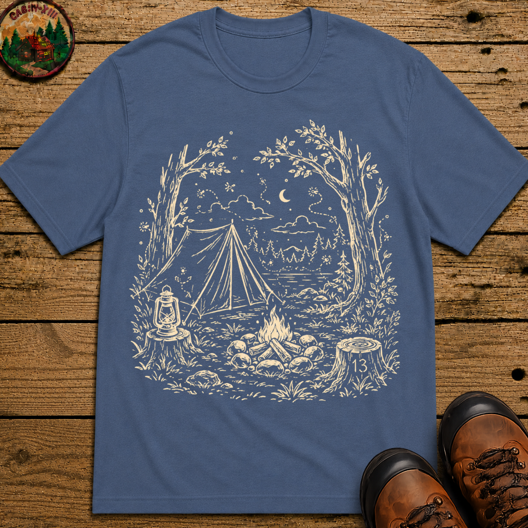 Firefly Campsite Night Shirt — Vintage Outdoor Sketch Camping Tee