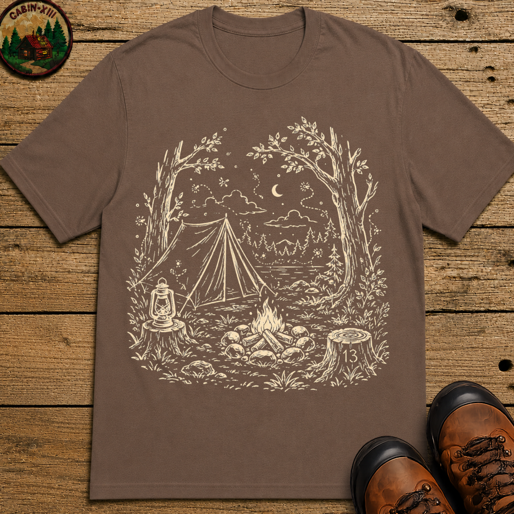 Firefly Campsite Night Shirt — Vintage Outdoor Sketch Camping Tee