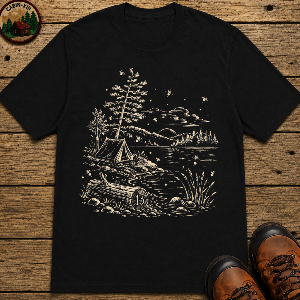 Firefly Lake Campsite Shirt — Vintage Outdoor Sketch Camping Tee
