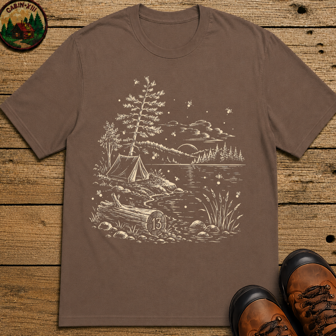 Firefly Lake Campsite Shirt — Vintage Outdoor Sketch Camping Tee