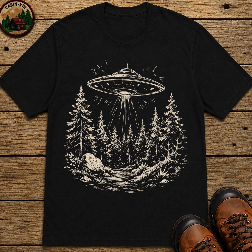 UFO Over the Treeline Shirt — Vintage Outdoor Alien Sketch Tee