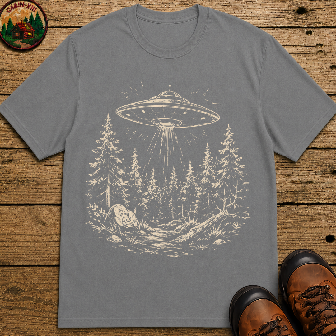 UFO Over the Treeline Shirt — Vintage Outdoor Alien Sketch Tee