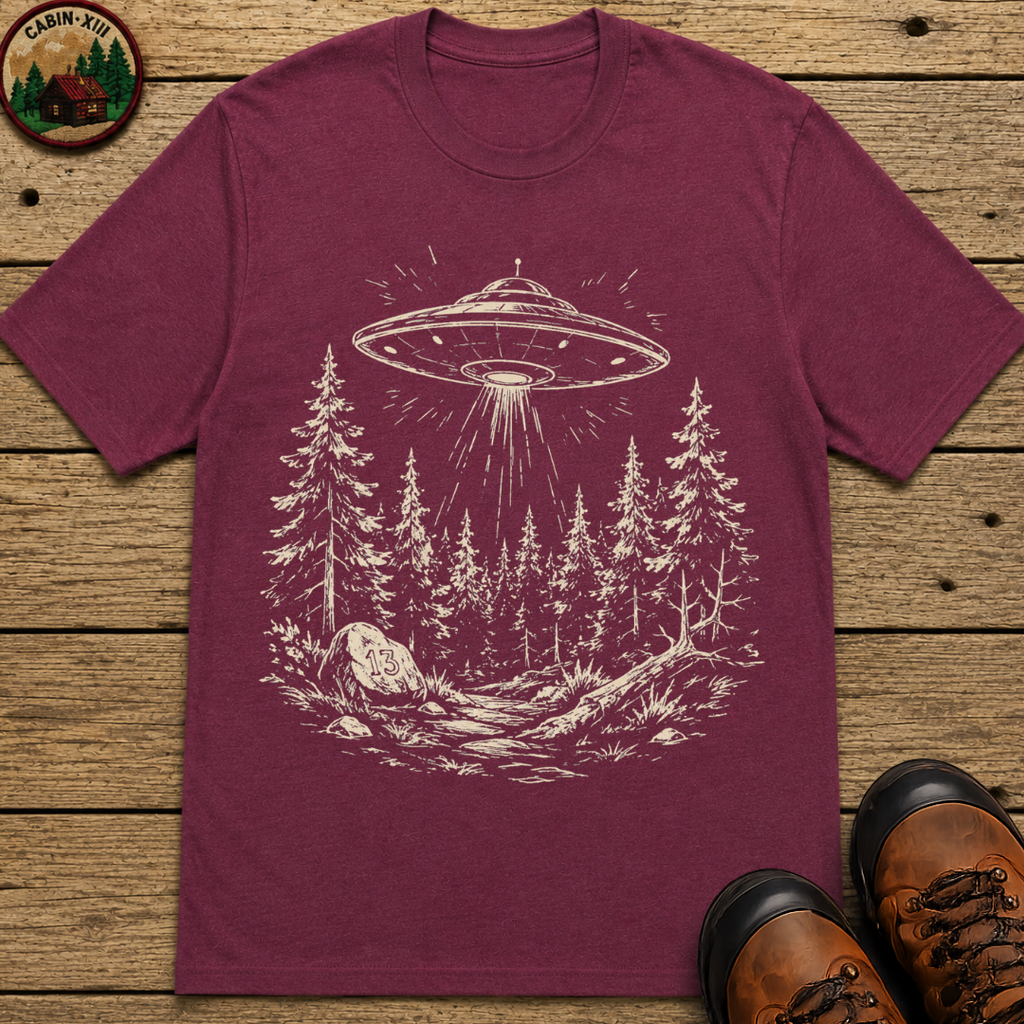 UFO Over the Treeline Shirt — Vintage Outdoor Alien Sketch Tee
