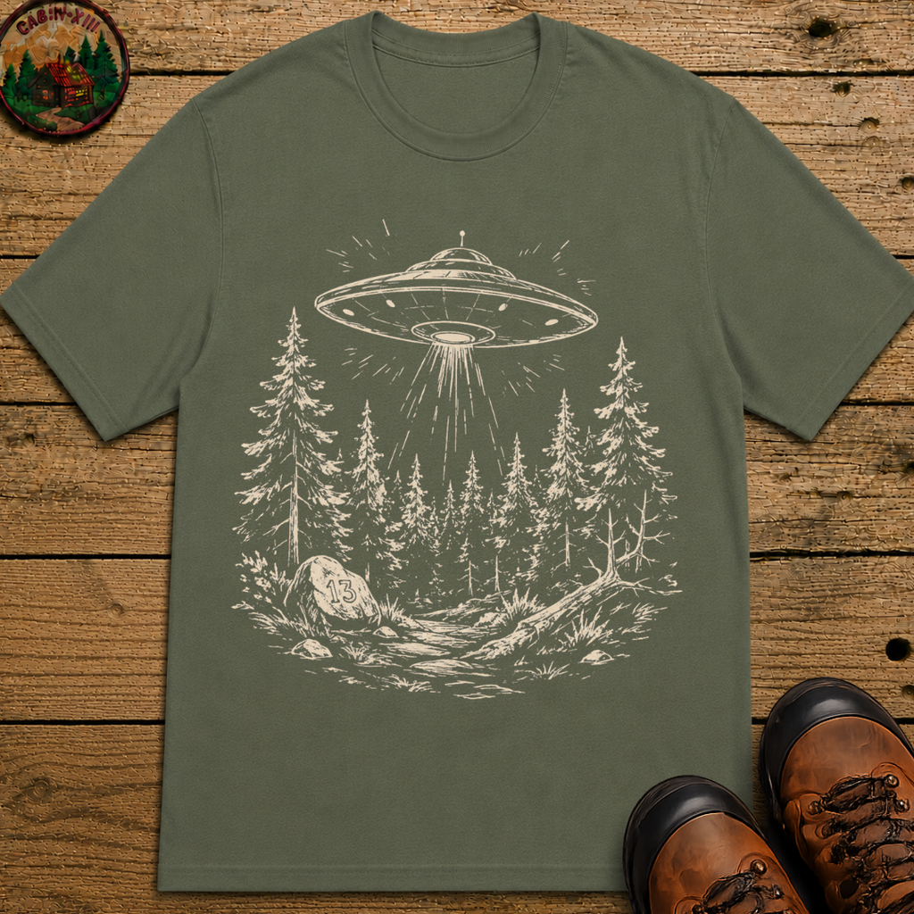 UFO Over the Treeline Shirt — Vintage Outdoor Alien Sketch Tee