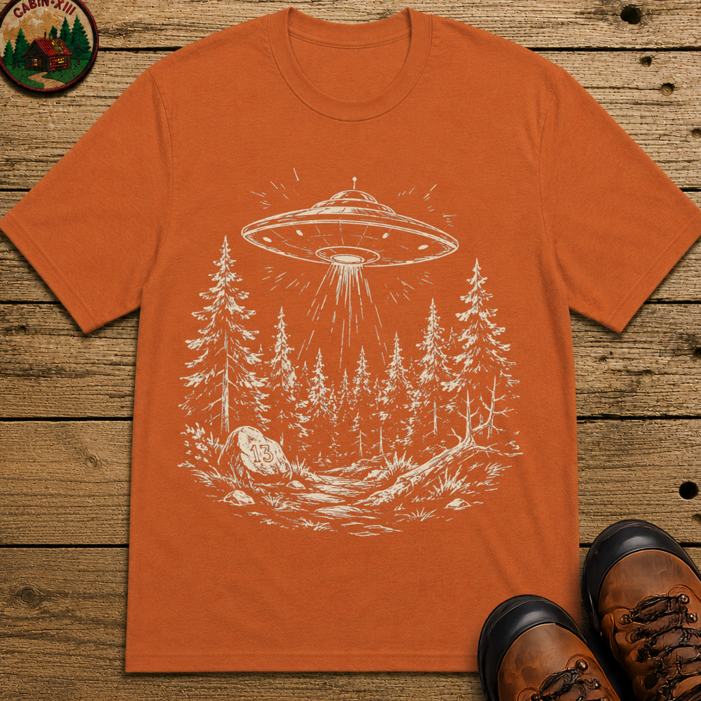 UFO Over the Treeline Shirt — Vintage Outdoor Alien Sketch Tee
