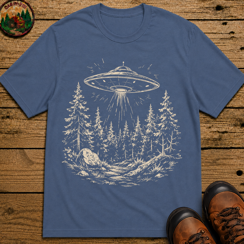 UFO Over the Treeline Shirt — Vintage Outdoor Alien Sketch Tee