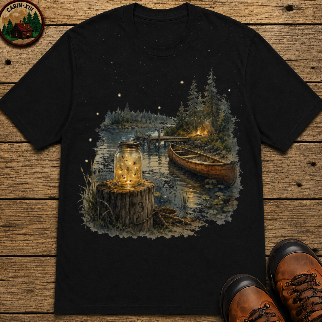 Firefly Mason Jar Lake Camping Shirt — Watercolor Outdoor Tee