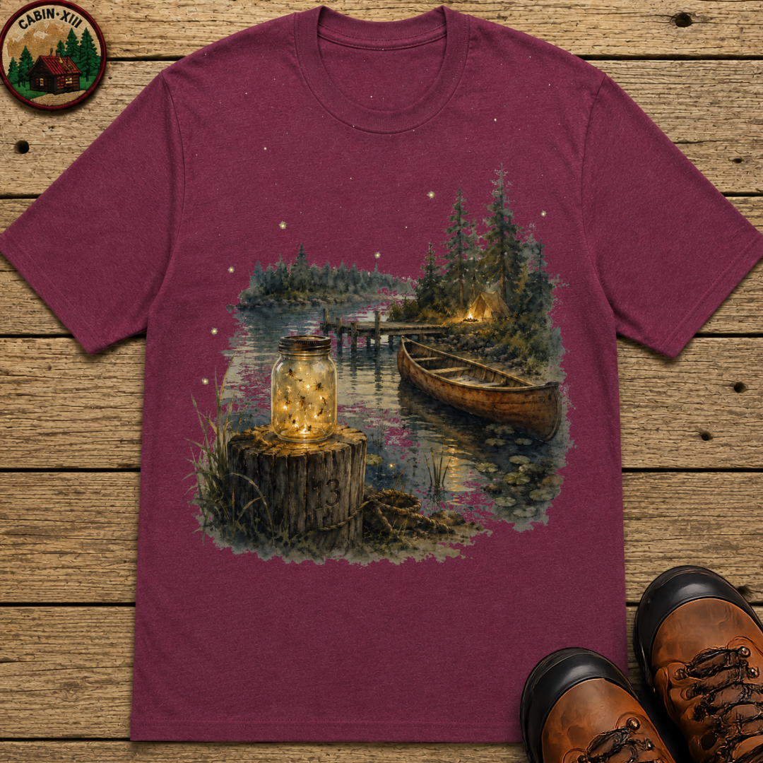 Firefly Mason Jar Lake Camping Shirt — Watercolor Outdoor Tee