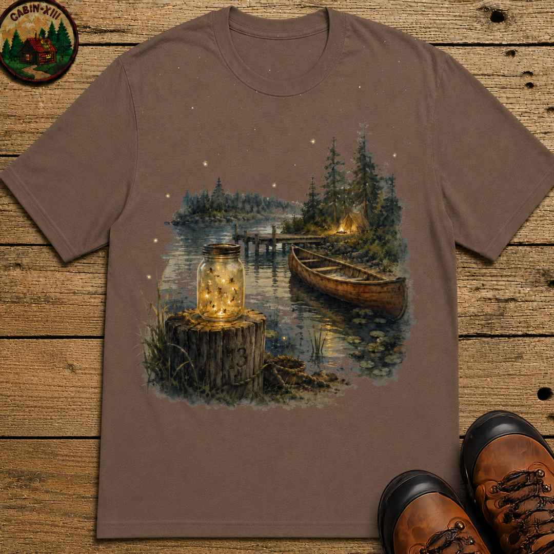 Firefly Mason Jar Lake Camping Shirt — Watercolor Outdoor Tee