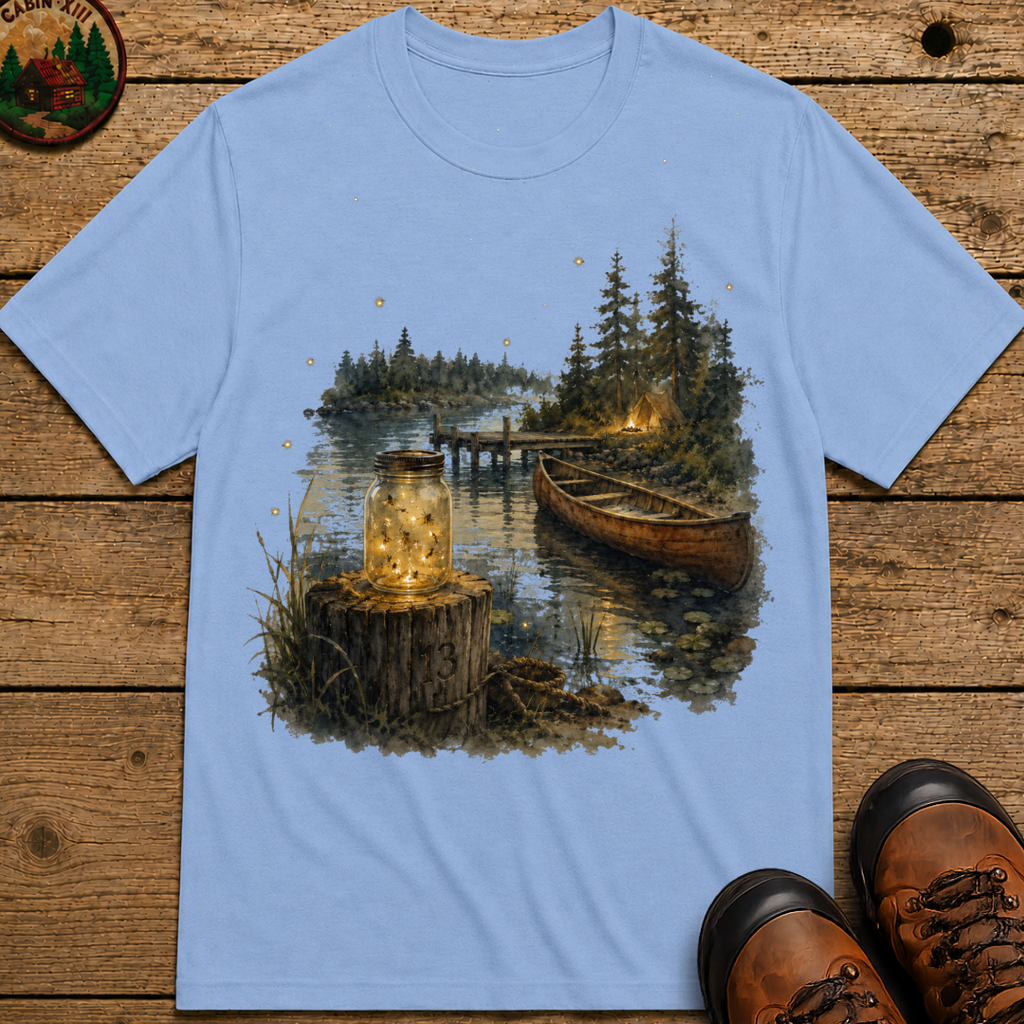 Firefly Mason Jar Lake Camping Shirt — Watercolor Outdoor Tee